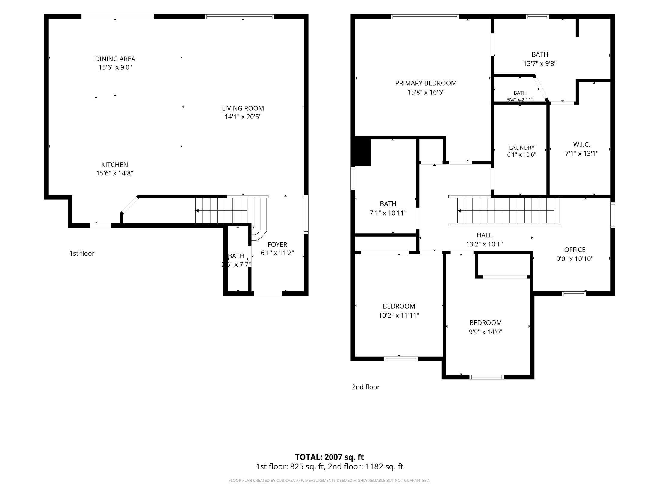 Floor plan of both levels of 7204 Site Street with room dimensions. Ground floor: dining area, living room, kitchen, foyer, powder room. Upper floor: primary bedroom with bath and walk in closet, two bedrooms, hall bath, laundry, office, hall.